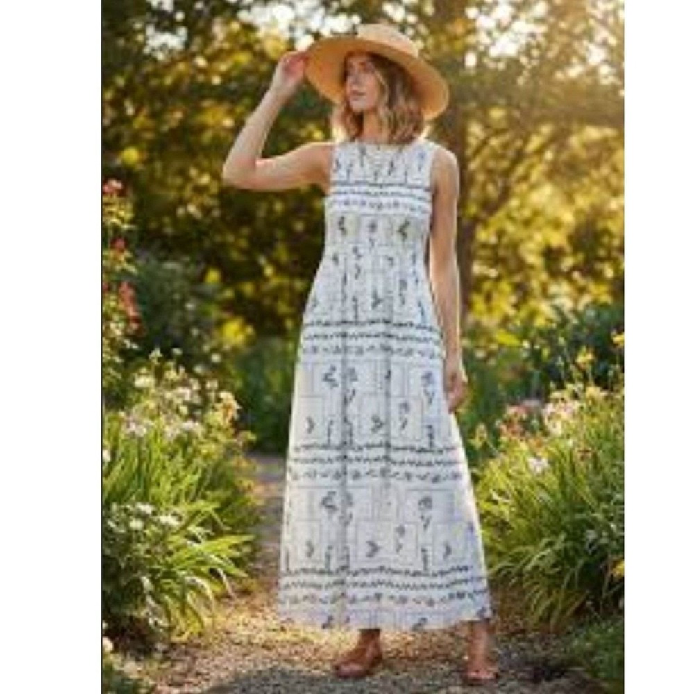 Japna Women Blue White Floral Smocked Maxi Dress Sleeveless A-Line Medium